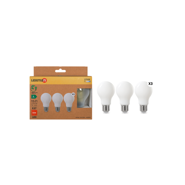 Pack de 3 bombillas filamento E27 estándar 1521 lm blanco cálido transparente