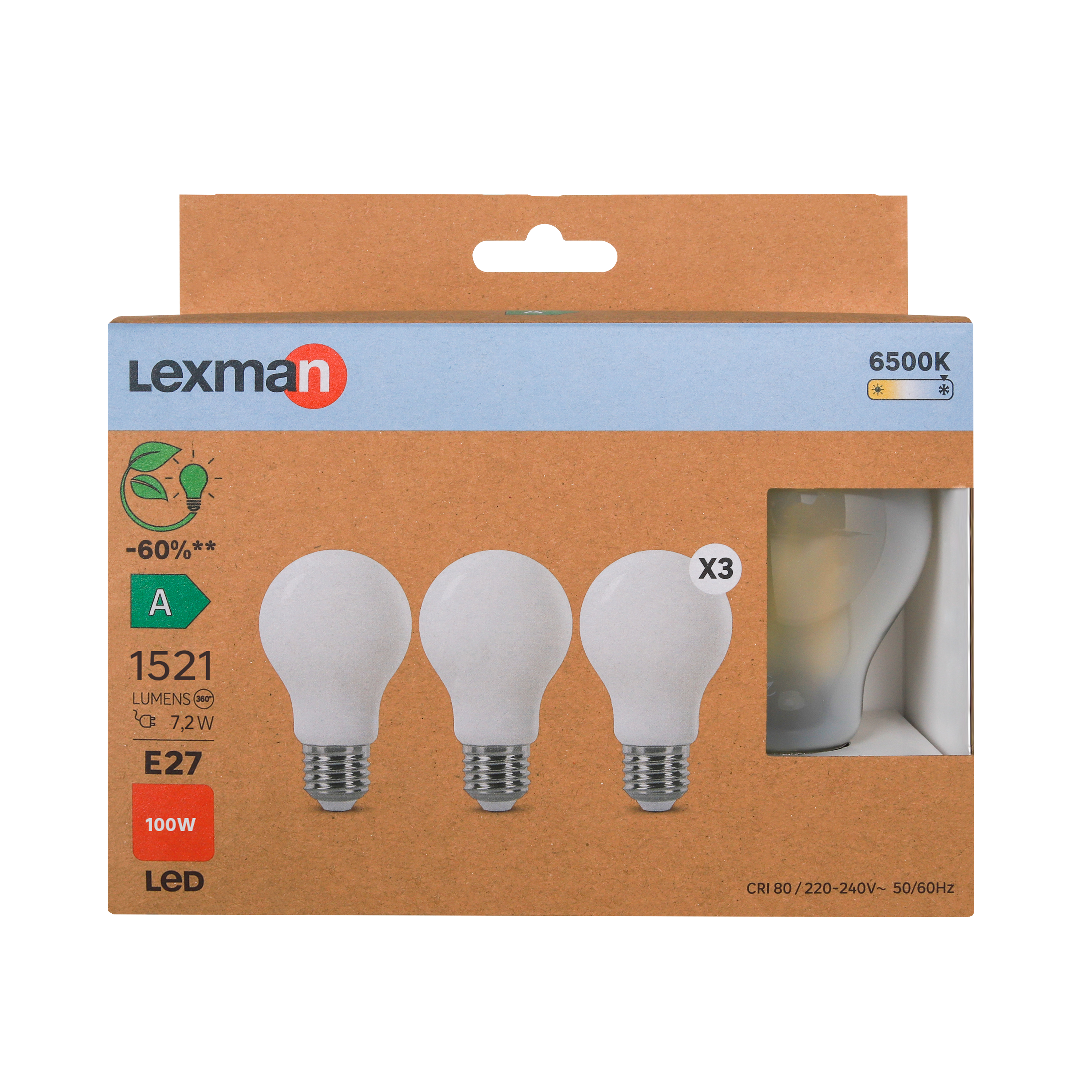 Pack de 3 bombillas LED filamento E27 clase A (mayor ahorro energético) forma estándar 1521 lúmenes 7.2W color de la luz blanco frío 6500K CRI 89-80 luz natural y fiel - 3
