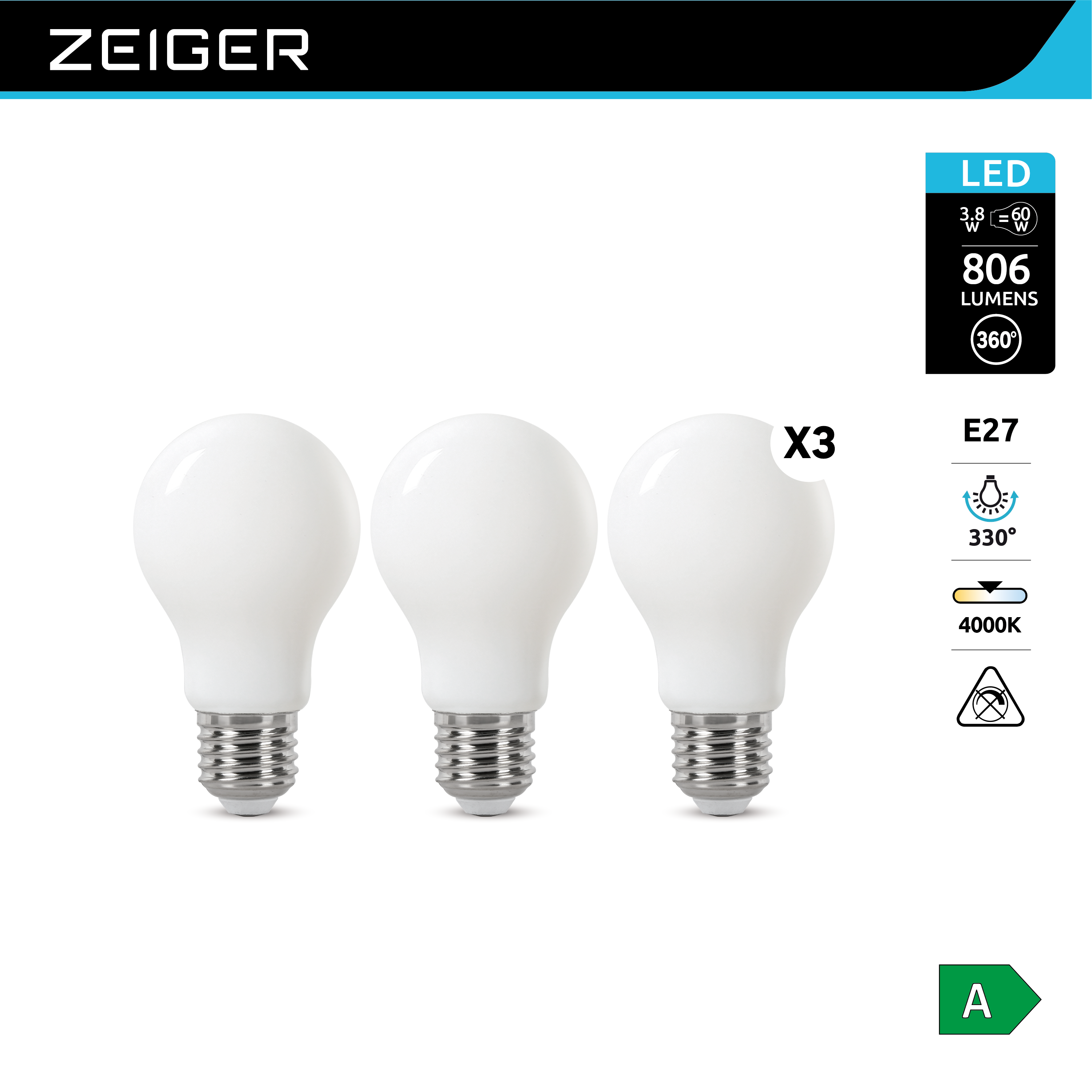 3 Ampoules E27 A60 Opale 806Lm 4000K - ZEIGER - 2