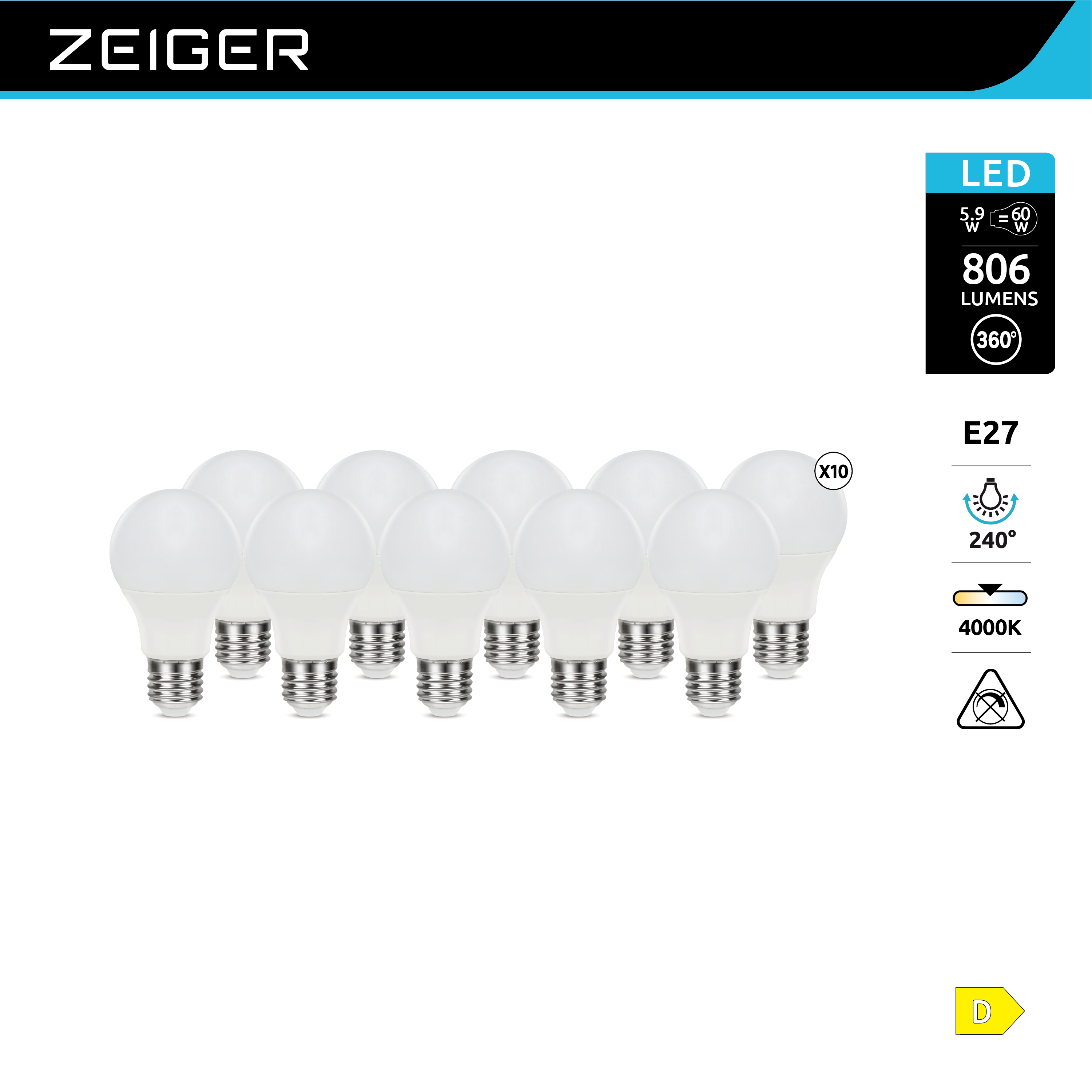 10 Ampoules E27 A60 Opale 806Lm 4000K - ZEIGER - 2