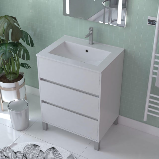 Meuble sous vasque sur pieds 3 tiroirs blanc laqué l.60 x P.45,50 x H.81 cm - ATOS