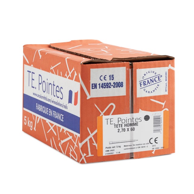 Pointe tête homme claire Diam.2,7xL.60 mm boite de 5kg