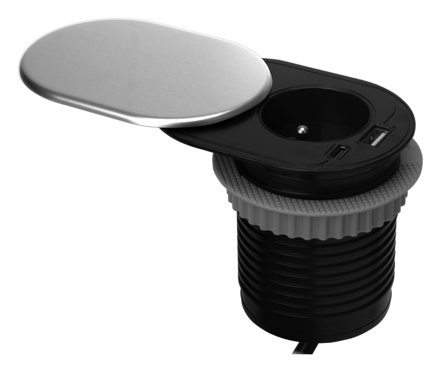Bloc multiprise escamotable 1 prise + USB Diam.60 mm Inox - Slidy VOLT