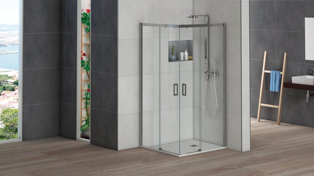 Paroi de douche d'angle coulissante chromée l.80 x L.80 x H.200 cm verre trempé transparent Ep.6 mm - Athènes