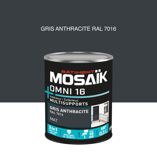 Peinture 2en1 int./ext. multisupport acrylique mat gris anthracite RAL7016 0,5 L OMNI16 - MOSAIK