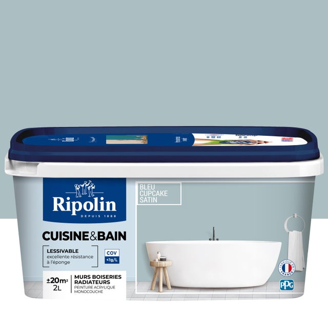 Peinture intérieure multi-supports acrylique satin bleu cupcake 2 L Cuisine & bain - RIPOLIN