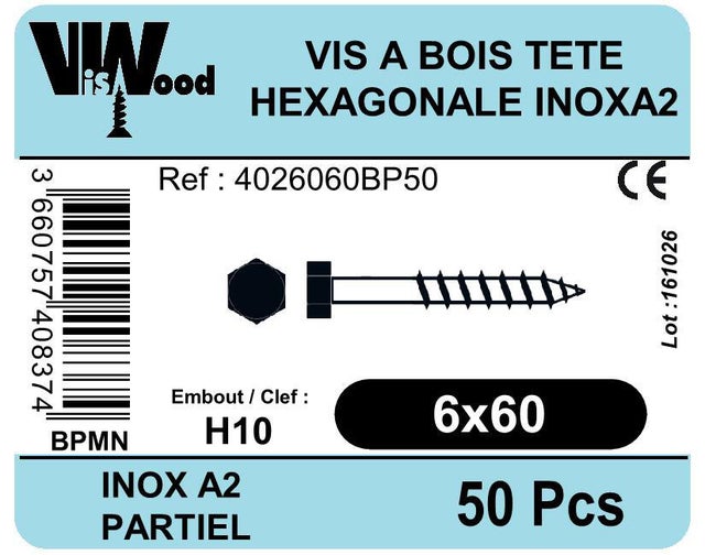 Tirefond bois inox A2 Diam. 6 x 60 mm Boîte de 50 - VISWOOD