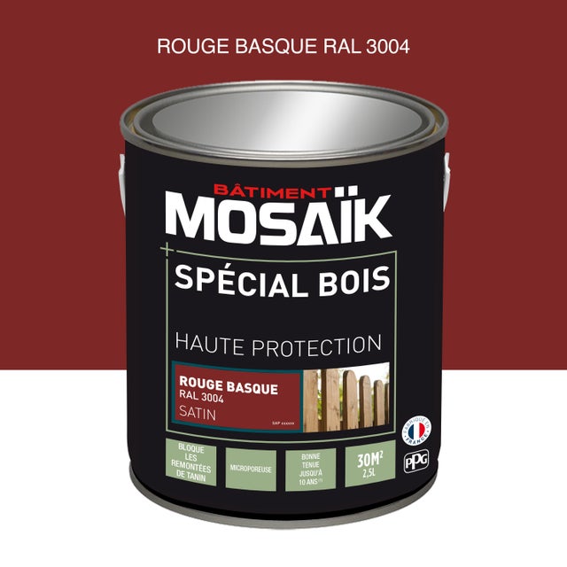 Peinture bois acrylique satin rouge basque RAL 3004 2,5 L - MOSAÏK