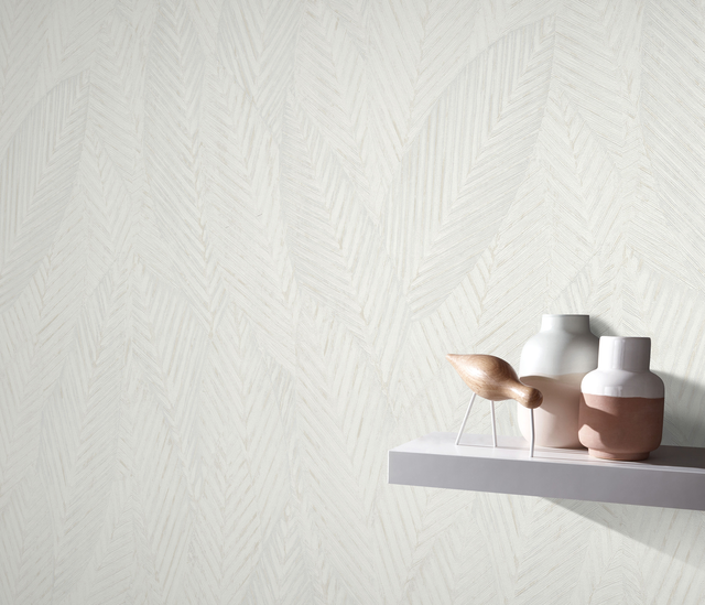 Tapeta Martinique Liście z Efektem 3D odcienie bieli winylowa na flizelinie