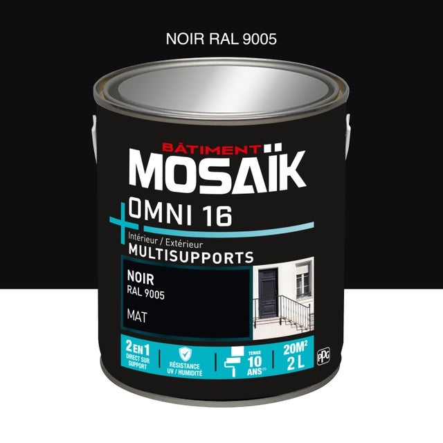Peinture 2en1 int./ext. multisupport acrylique mat noir RAL9005 2 L OMNI16 - MOSAIK