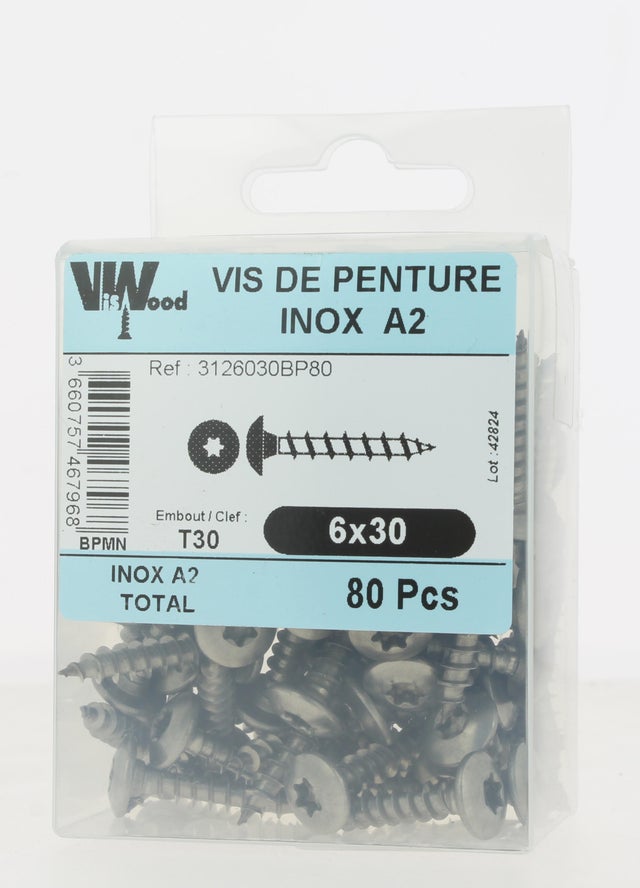 Vis penture inox A2 Diam. 6 x 30 mm Boîte de 80 - VISWOOD