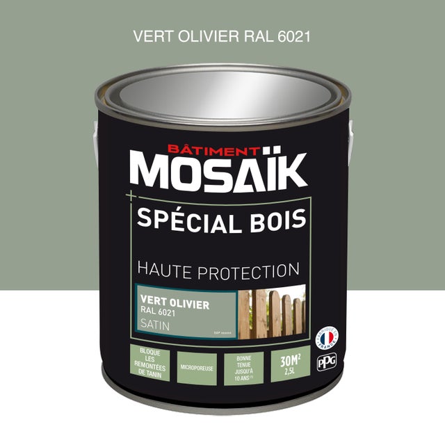 Peinture bois acrylique satin vert olivIer RAL 6021 2,5 L - MOSAÏK