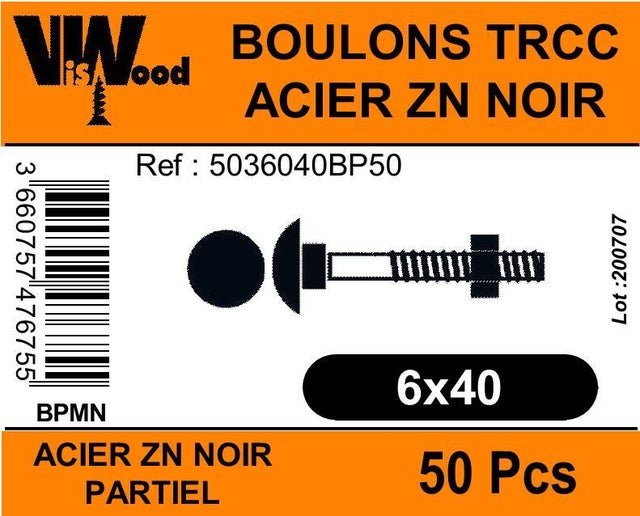 Boulon bois acier zingué Diam. 6 x 40 mm Boîte de 50 - VISWOOD