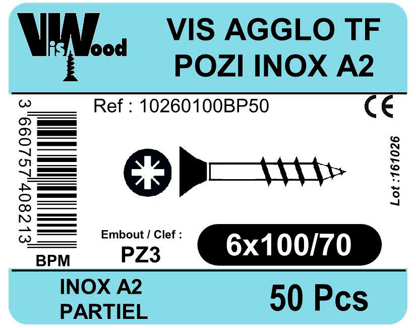 Vis bois inox A2 Diam. 6 x 100 mm Boîte de 50 - VISWOOD - 2