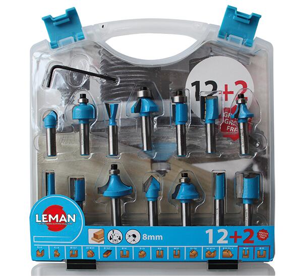Coffret mixte 12 + 2 mèches défonceuse carbure queue de 8 mm - 428.700.14 LEMAN