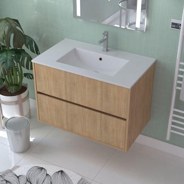 Meuble sous vasque suspendu 2 tiroirs décor chêne clair l.80 x P.45,50 x H.54 cm - ATOS