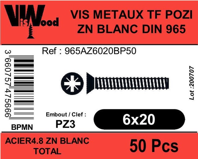 Vis métal Diam.6 mm tête fraisée Boîte de 50 - VISWOOD