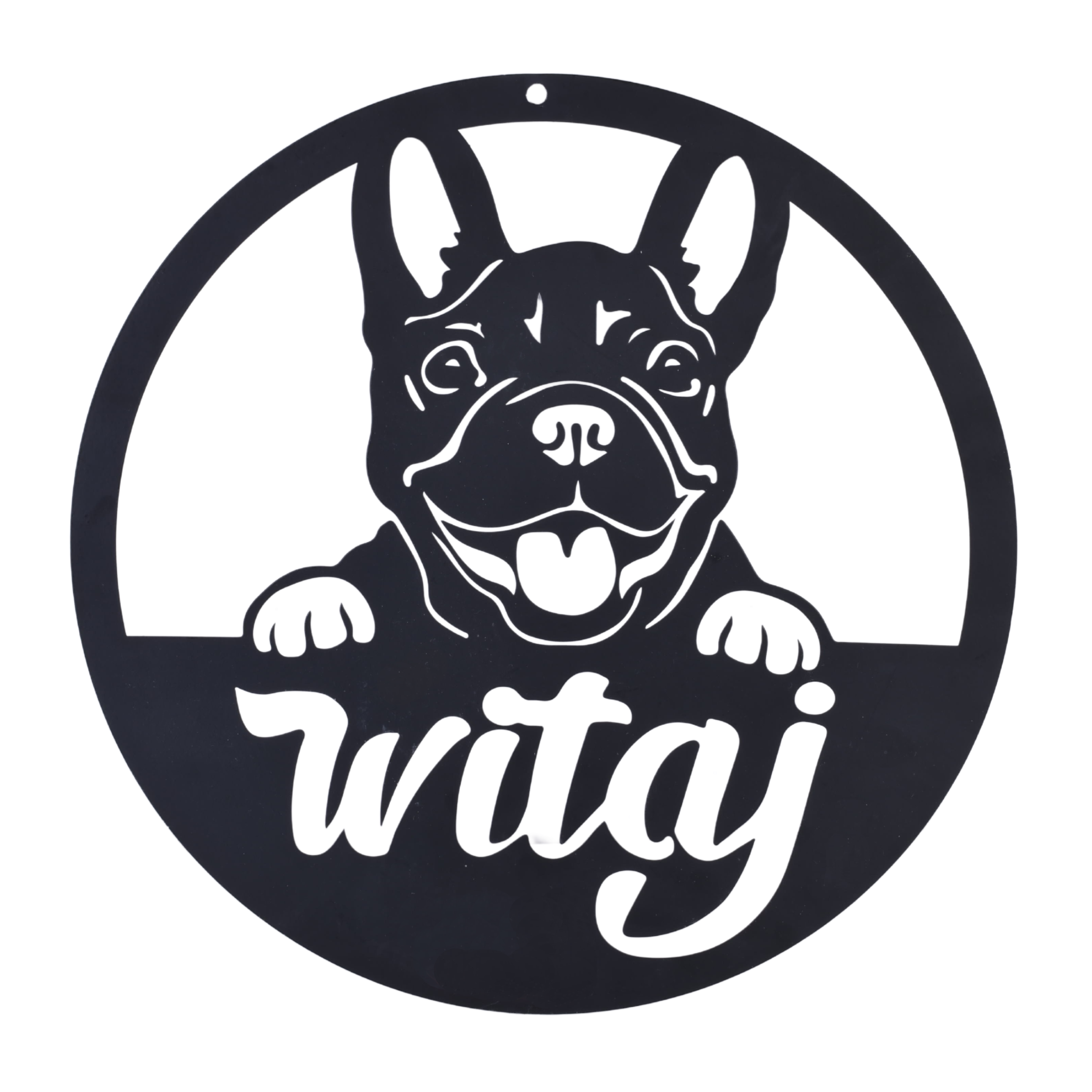 Metalowa dekoracja ścienna Buldog Witaj śr. 30 cm