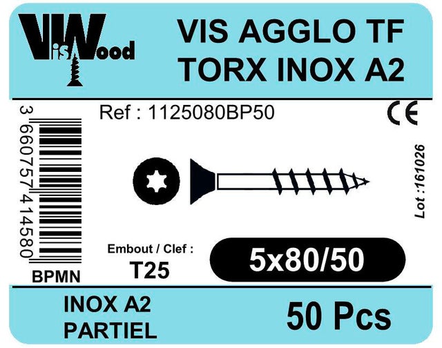 Vis bois inox A2 Diam. 5 x 80 mm Boîte de 50 - VISWOOD