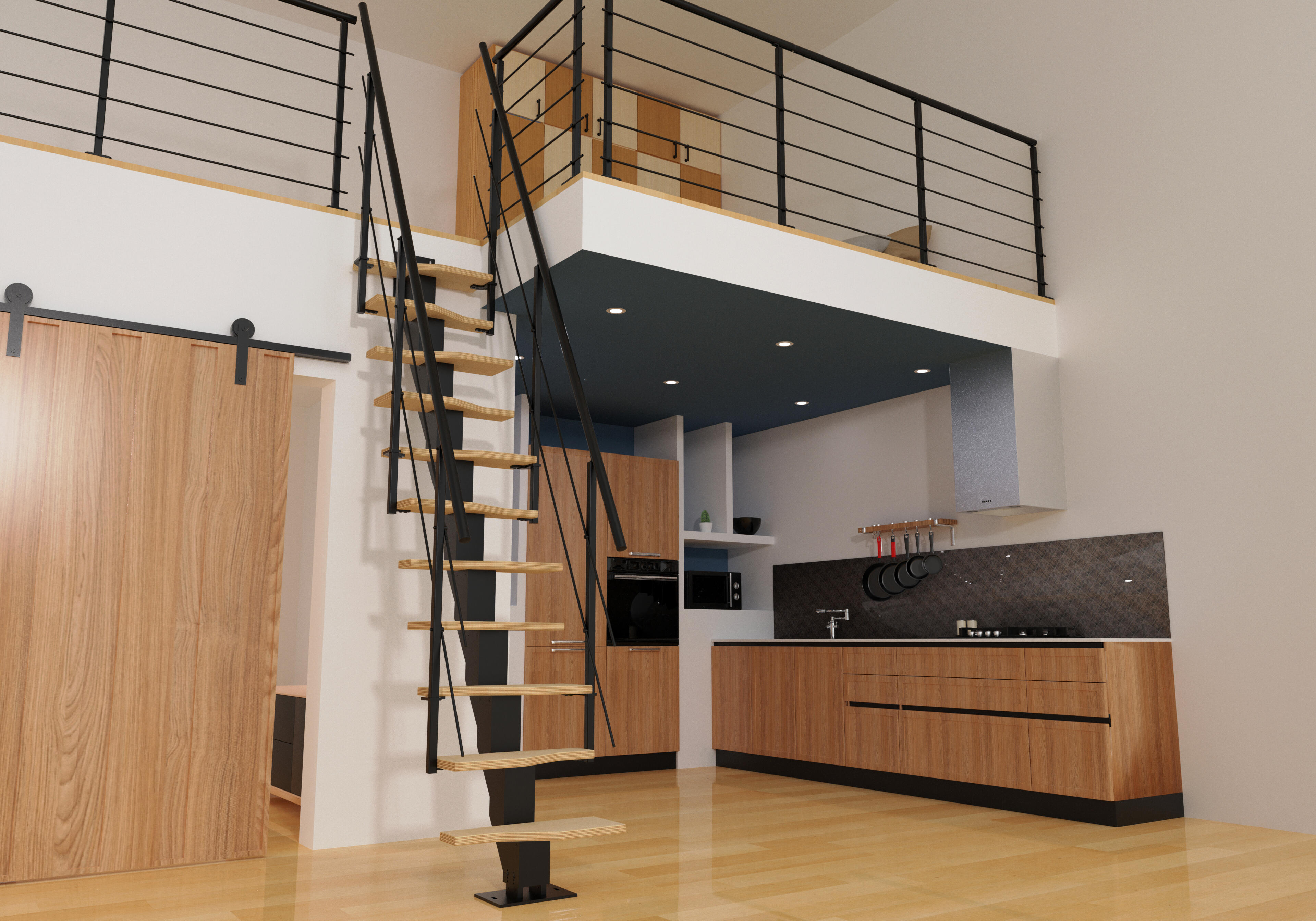 Escalier gain de place alu noir TEMPO, 11 marches, bouleau, l.70 cm - 5