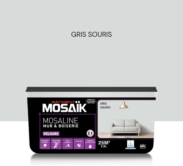 Peinture intérieure multi support acrylique velours gris souris 2,5 L Mosaline - MOSAIK