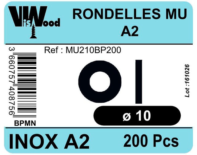 Rondelles moyennes MU inox A2 Diam. 10 x 22 mm Boîte de 200 - VISWOOD