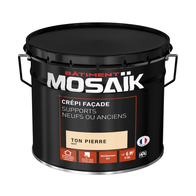 Crépi façade extérieur supports neufs ou anciens acrylique D3 mat ton pierre 15 kg - MOSAIK