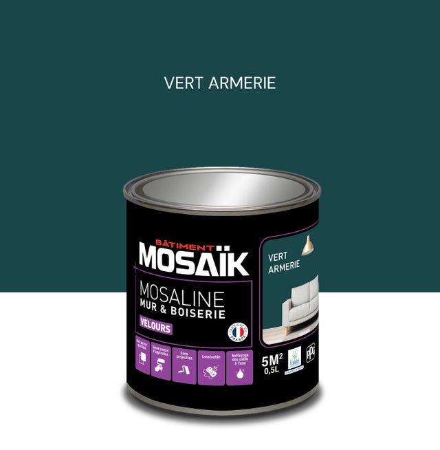 Peinture intérieure multi support acrylique velours vert armerie 0,5 L Mosaline - MOSAIK