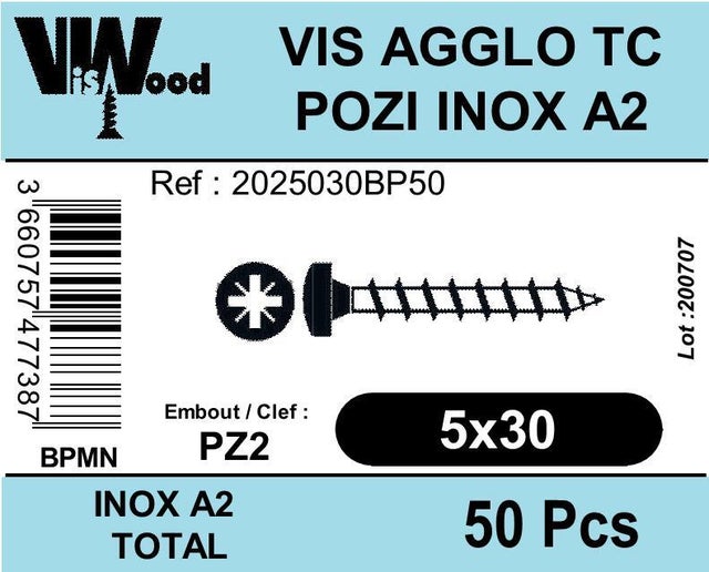 Vis bois inox A2 Diam. 5 x 30 mm Boîte de 50 - VISWOOD