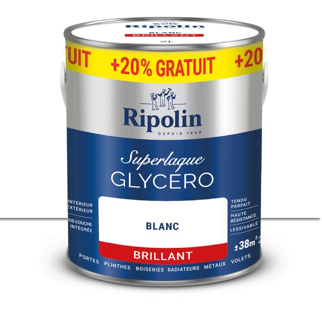 Peinture intérieure et extérieure multi-supports glycéro brillant blanc 2 L +20% - RIPOLIN