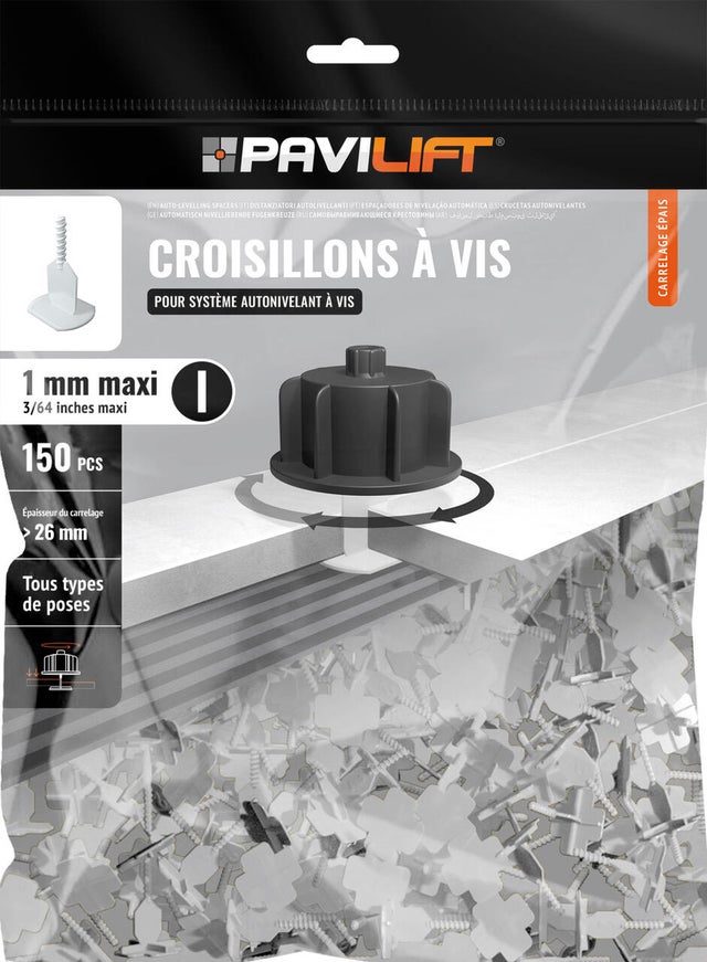 Croisillons autonivelants à vis pour carrelage Ep.1 mm en I - PAVILIFT (sachet de 150)