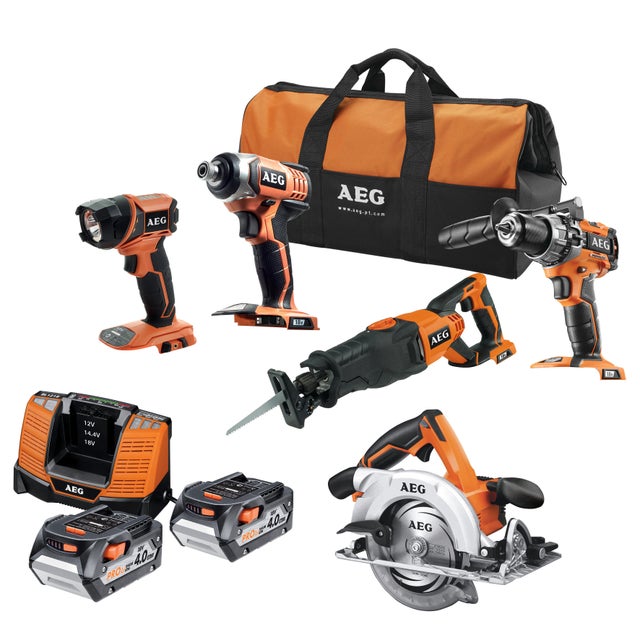 Pack 5 outils sans fil 18v aeg + 2 batteries 5ah perceuse + scie sabre + scie circulaire + visseuse chocs + lampe jp18b5 li-402b