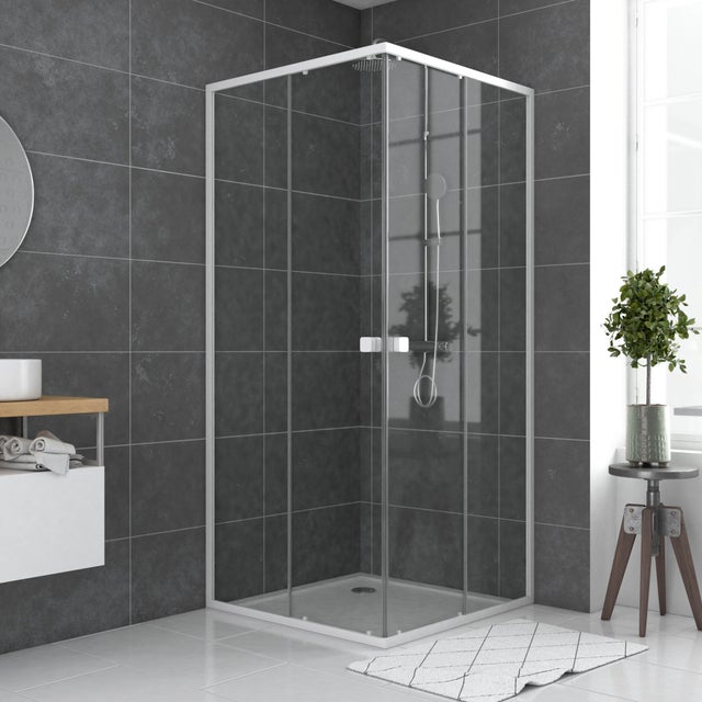 Paroi de douche d'angle coulissante blanche l.77-90 x L.77-90 x H.185 cm verre trempé transparent Ep.5 mm - Spot