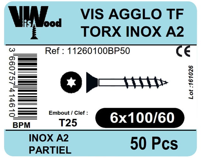 Vis bois inox A2 Diam. 6 x 100 mm Boîte de 50 - VISWOOD