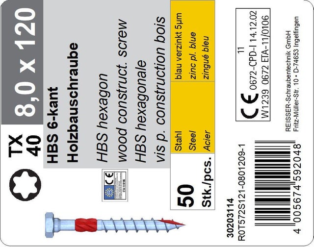 Vis bois Diam. 8 x 120 mm Boîte de 50 - REISSER