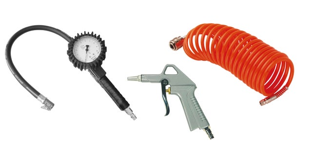 Kit 3 accessoires : 1 tuyau spiralé + 1 soufflette bec court + 1 poignée de gonflage 