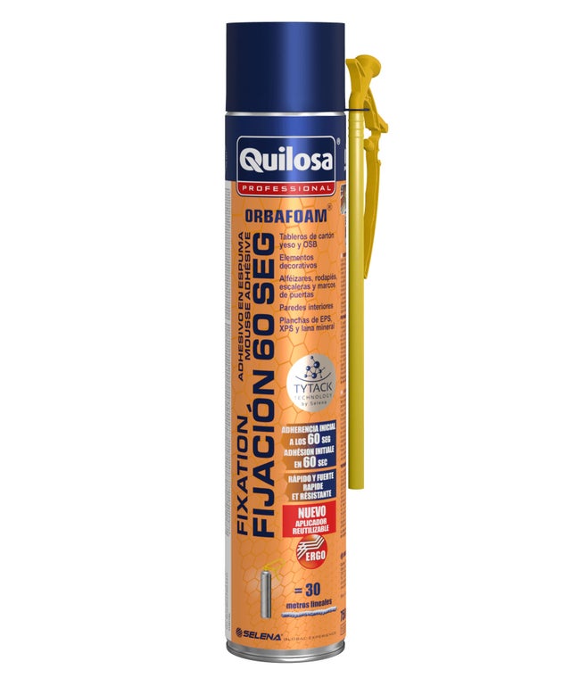 Espuma de poliuretano QUILOSA Orbafoam fijación 60 segundos 750 ml para paredes en color amarillo. Tiempo de secado 1 minuto. Aplicación manual.