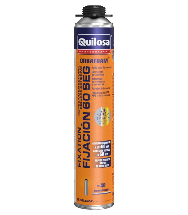 Espuma de poliuretano QUILOSA Orbafoam fijación 60 segundos 750 ml para paredes en color amarillo. Tiempo de secado 1 minuto. Aplicación con pistola.