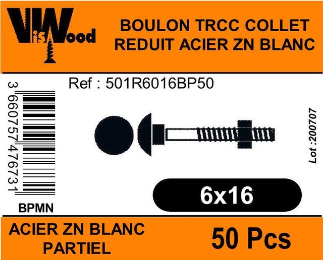 Boulon bois acier zingué Diam. 6 x 16 mm Boîte de 50 - VISWOOD