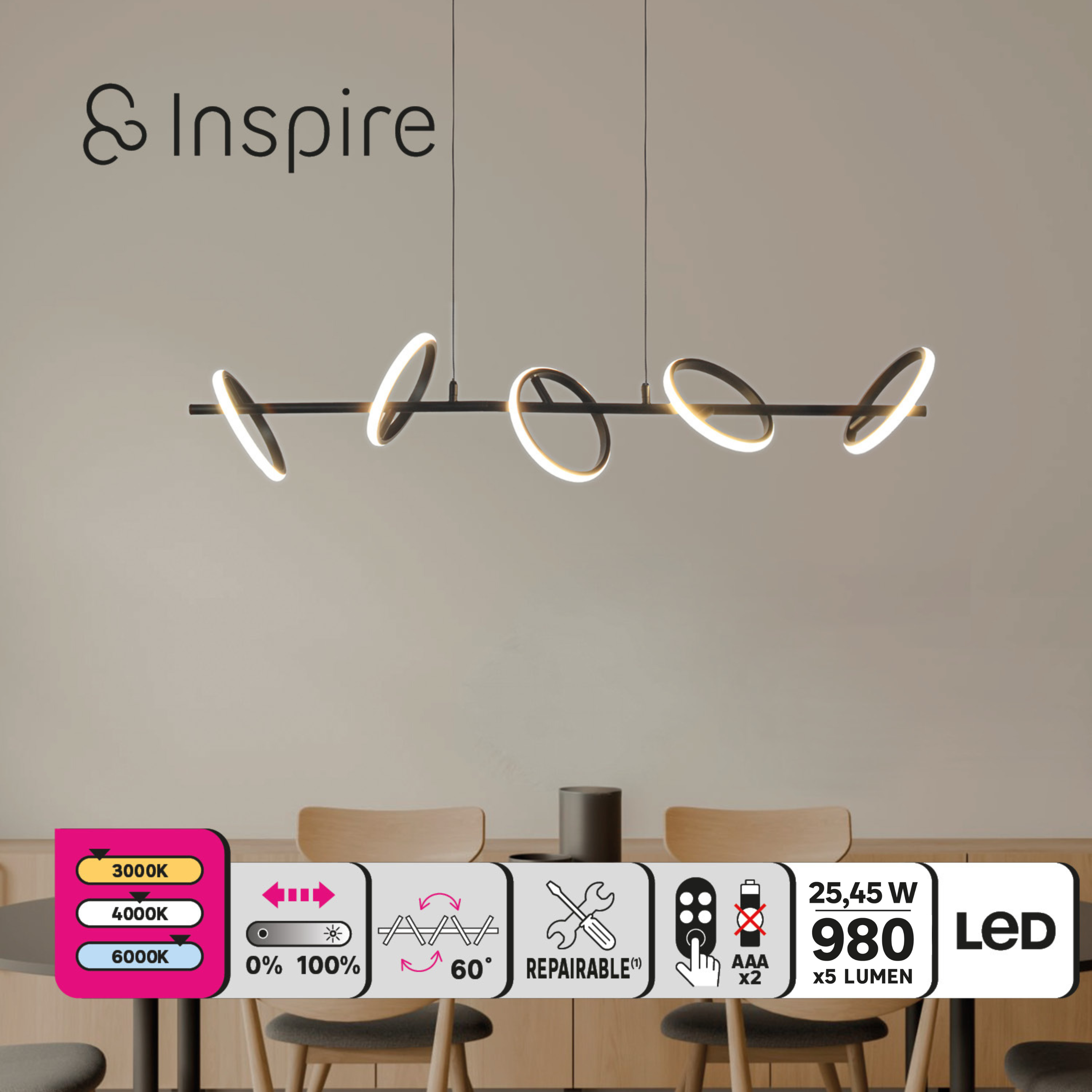 Suspension LED Kapeo variation intensité/température couleur, diam.16cm INSPIRE - 6