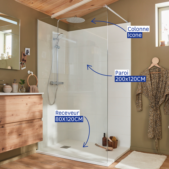 Pack douche ouverte 80X120 transparent Chromé Remix et colonne Icone mécanique
