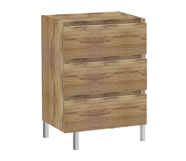 Meuble sous vasque sur pieds 3 tiroirs décor chêne miel l.60 x P.45 x H.75 cm - ATLANTIS