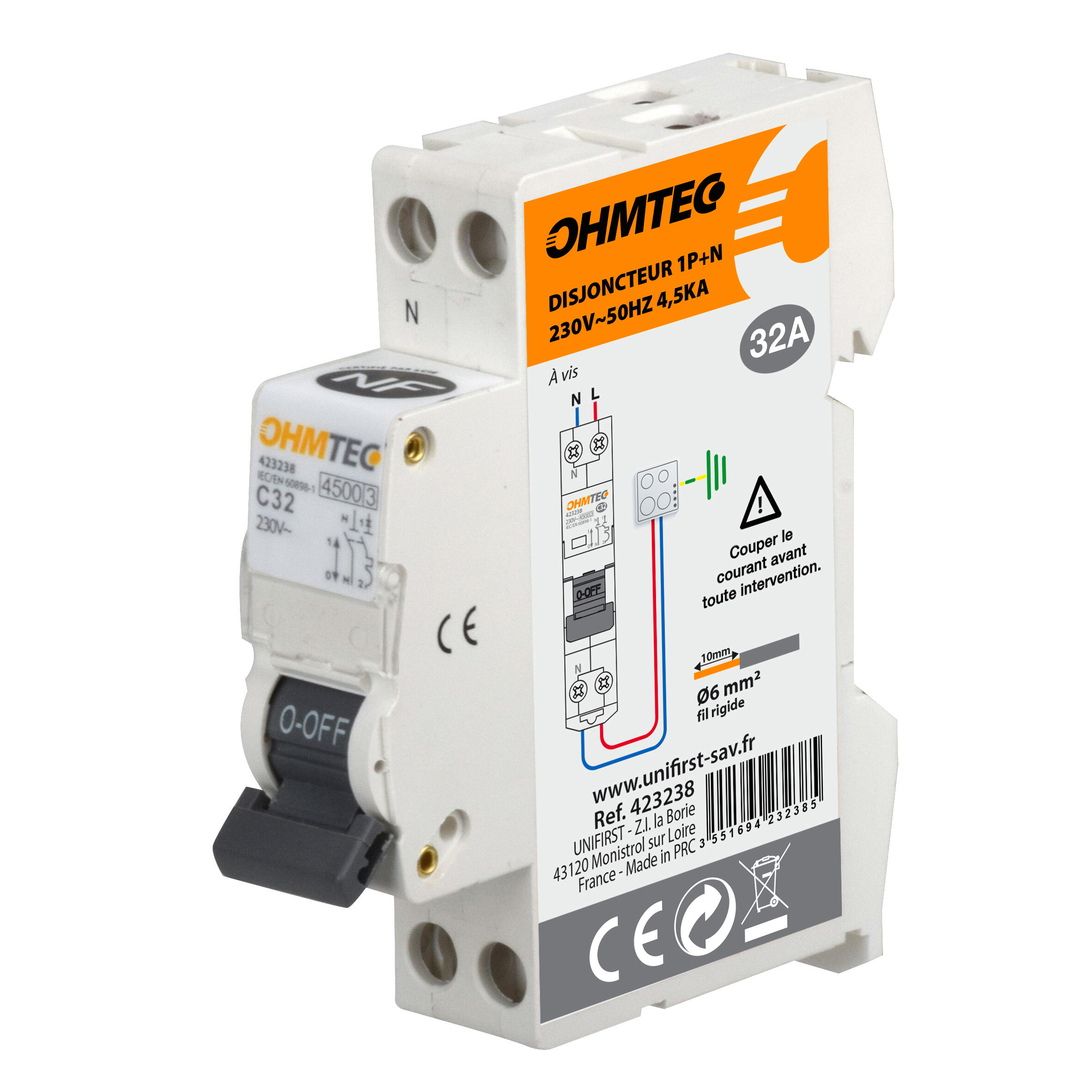 Disjoncteur 1P+N 32A Courbe C 4.5kA 230V – Protection Fiable Et Compacte