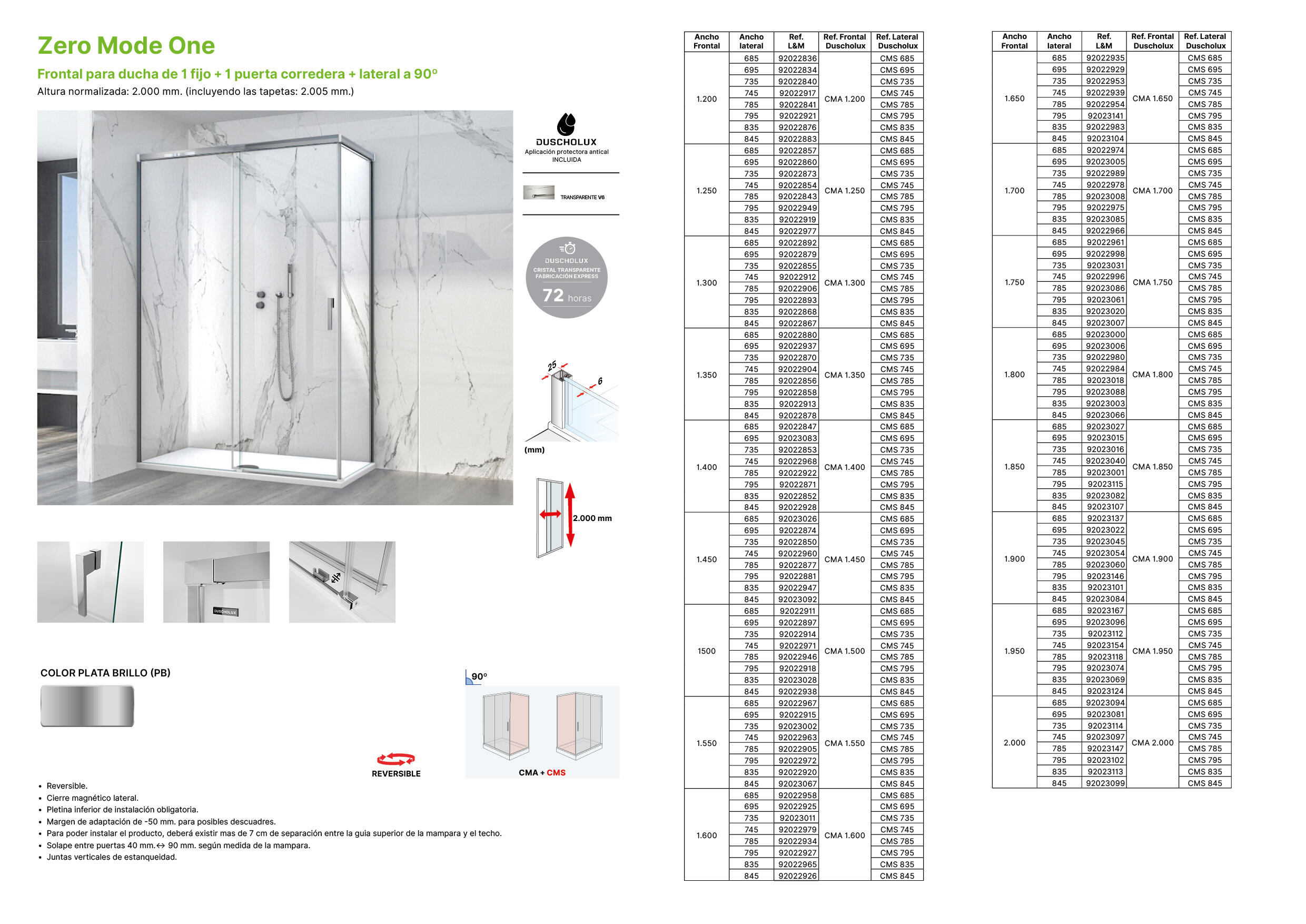 Mampara de ducha frontal con panel fijo lateral corredero transparente mode one perfil plata (165-170)+80 x200 cm
