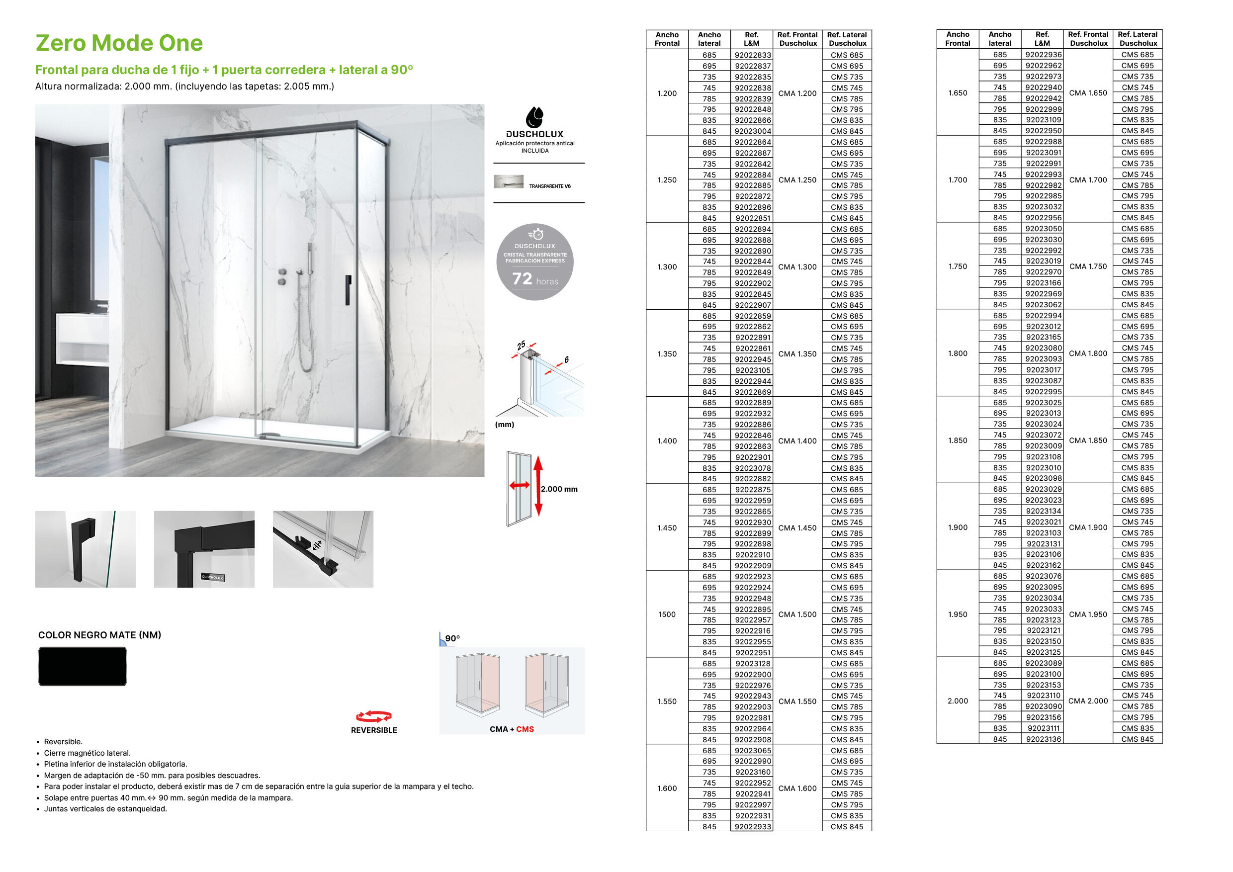 Mampara de ducha frontal con panel fijo lateral corredero transparente mode one perfil negro (115-120)+75 x200 cm