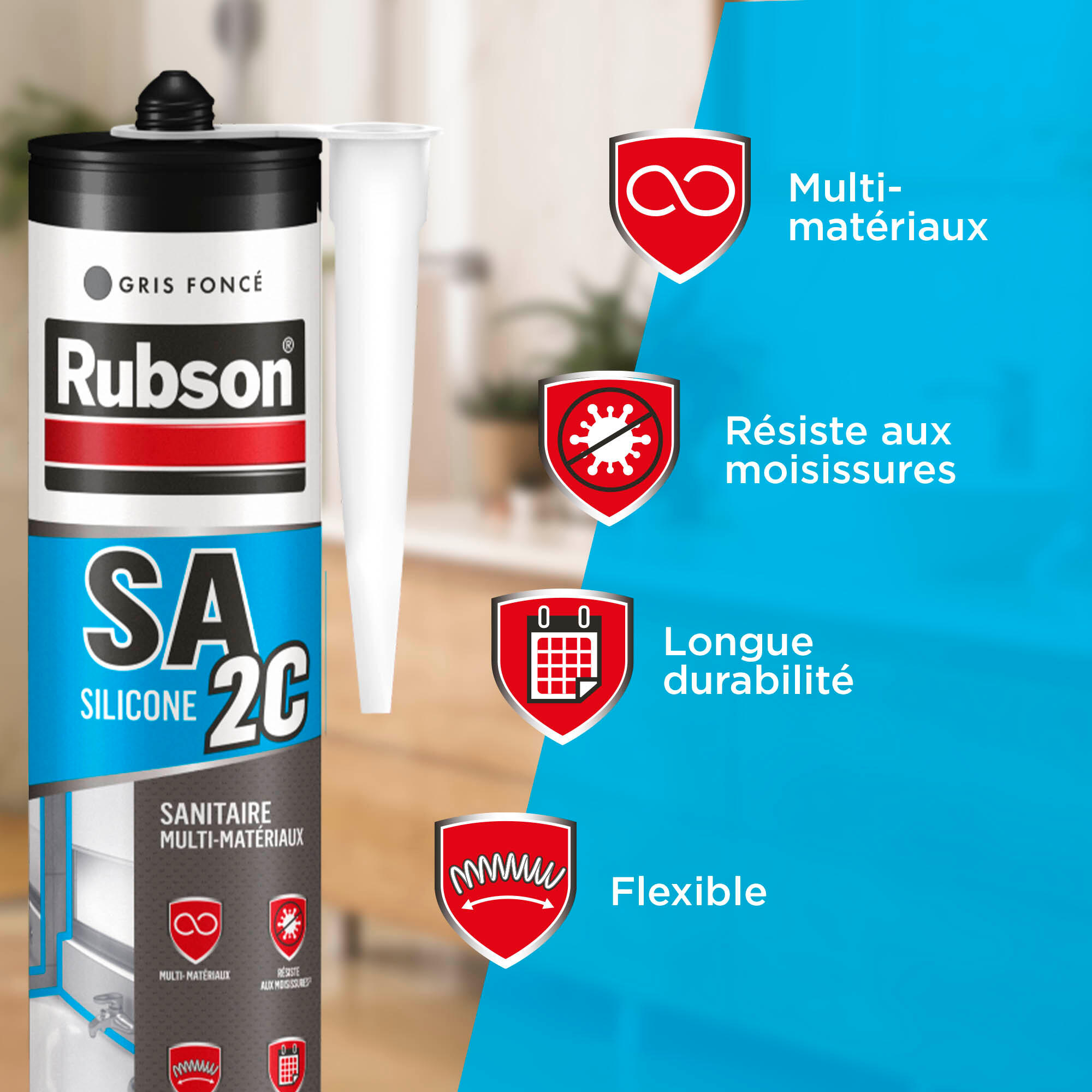Mastic antimoisissure d'étanchéité Sa2c sanitaire RUBSON gris foncé, 280 ml - 2