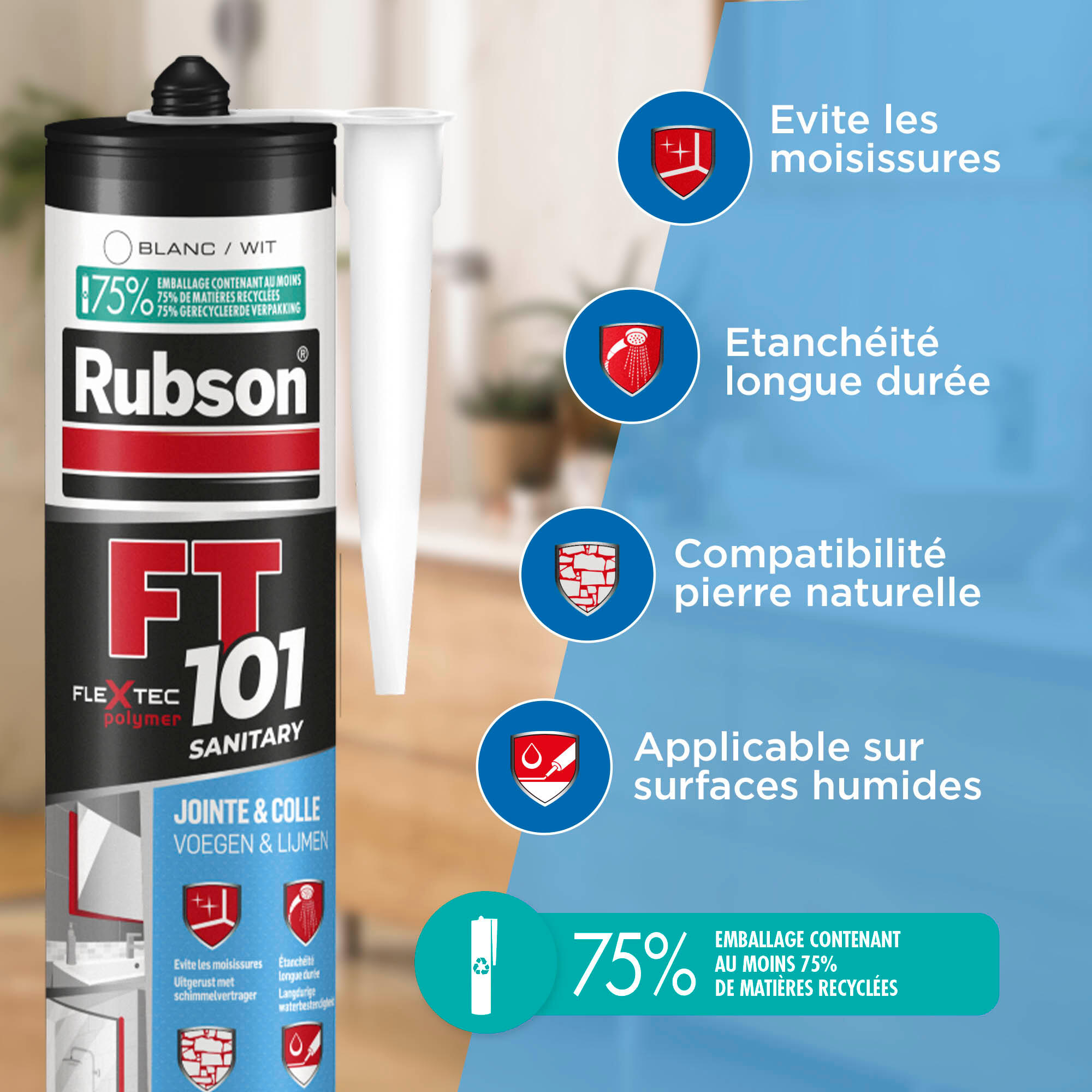Mastic multiusage d'étanchéité Ft101 sanitaire RUBSON blanc, 280 ml - 2