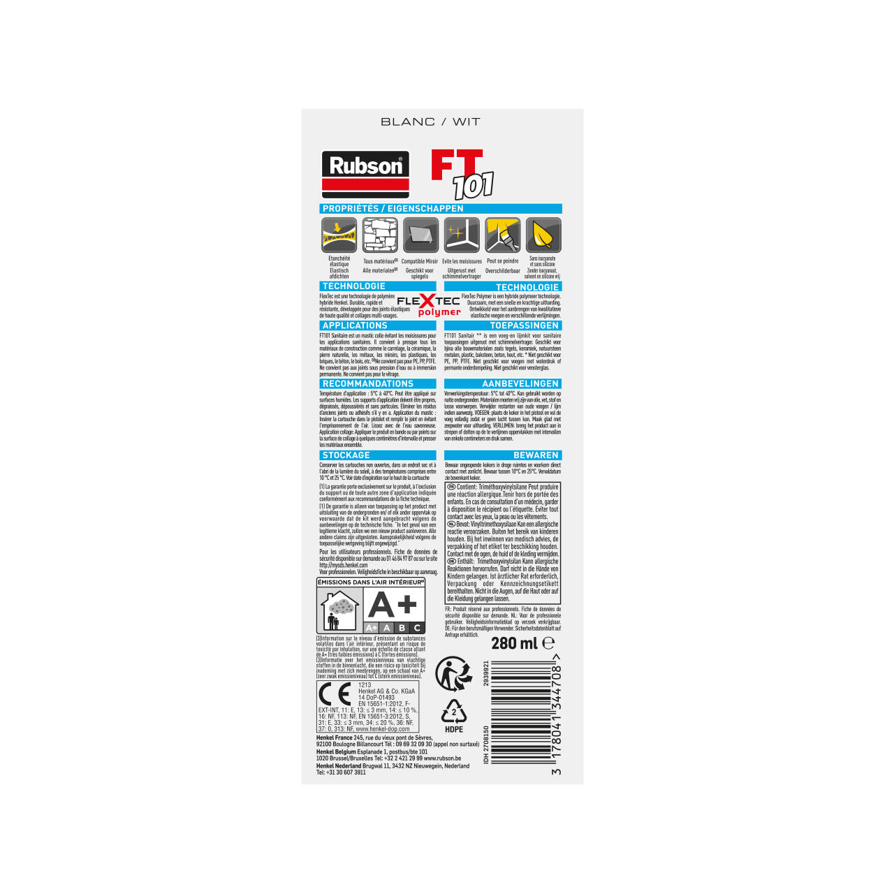 Mastic multiusage d'étanchéité Ft101 sanitaire RUBSON blanc, 280 ml - 6