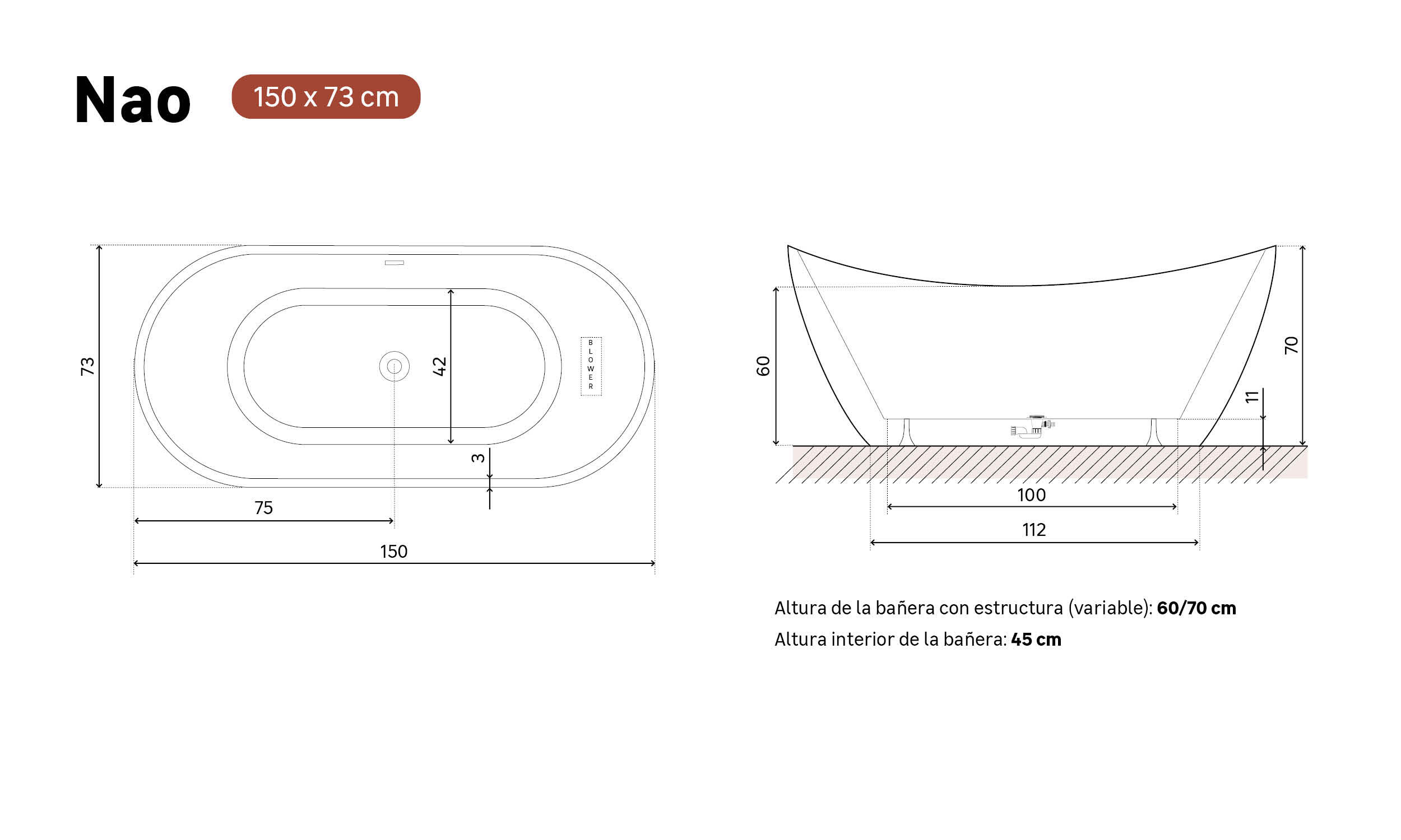 Bañera isla OBATH Nao negro 150x73 cm - 6
