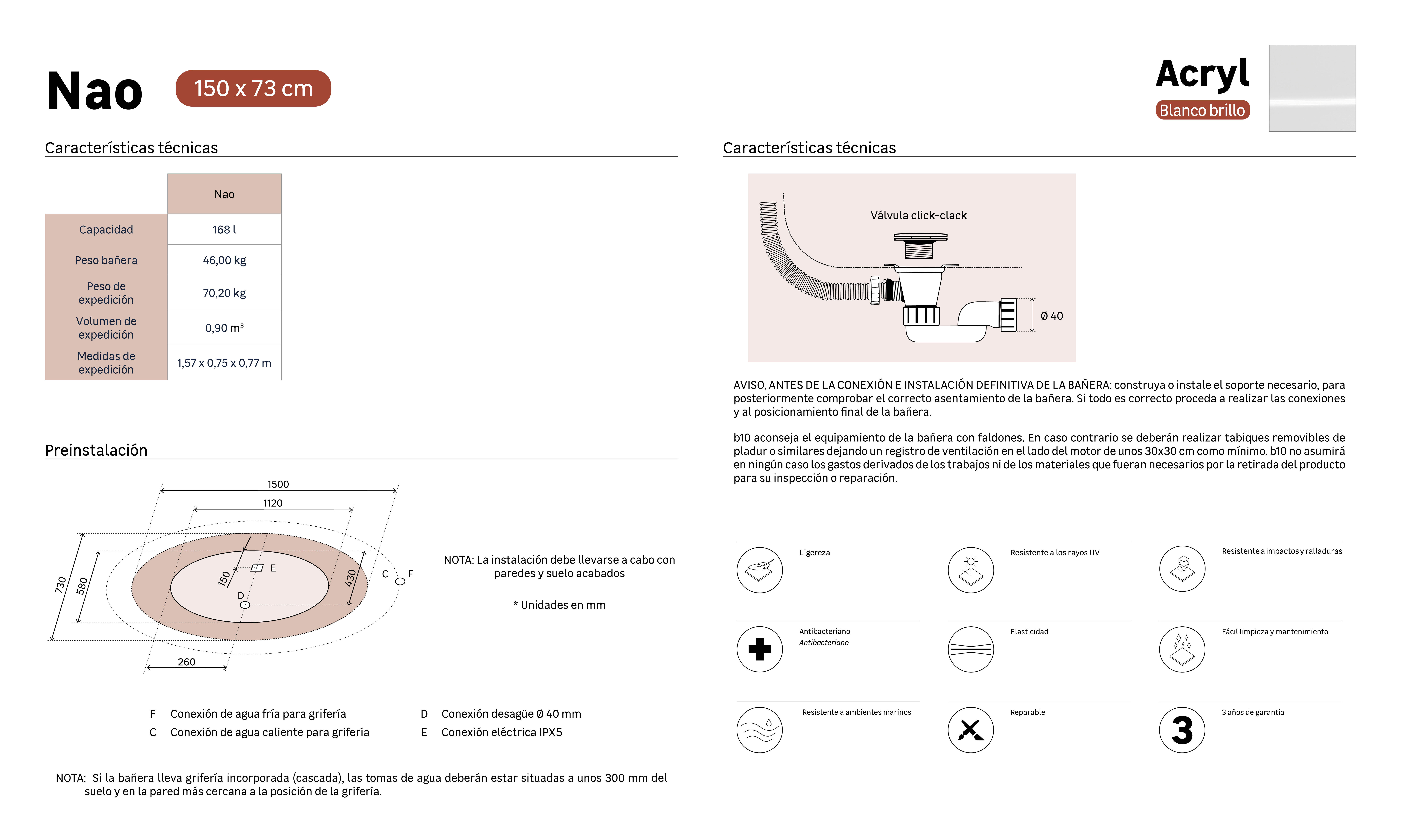 Bañera isla OBATH Nao negro 150x73 cm - 10